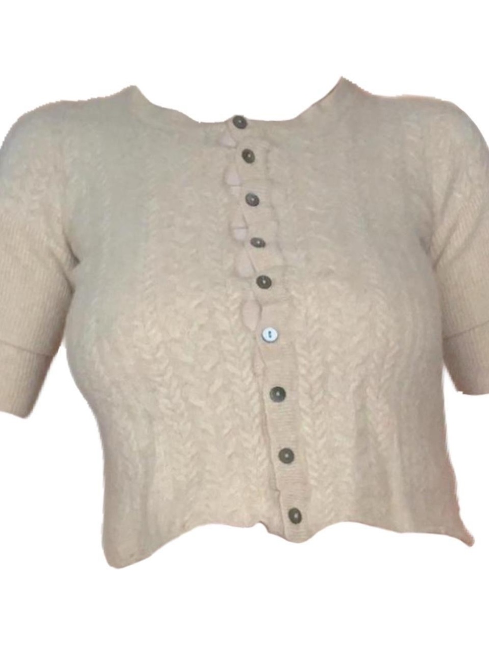Vintage Cream Cashmere Short-Sleeve Cable Knit Button-Front Cardigan